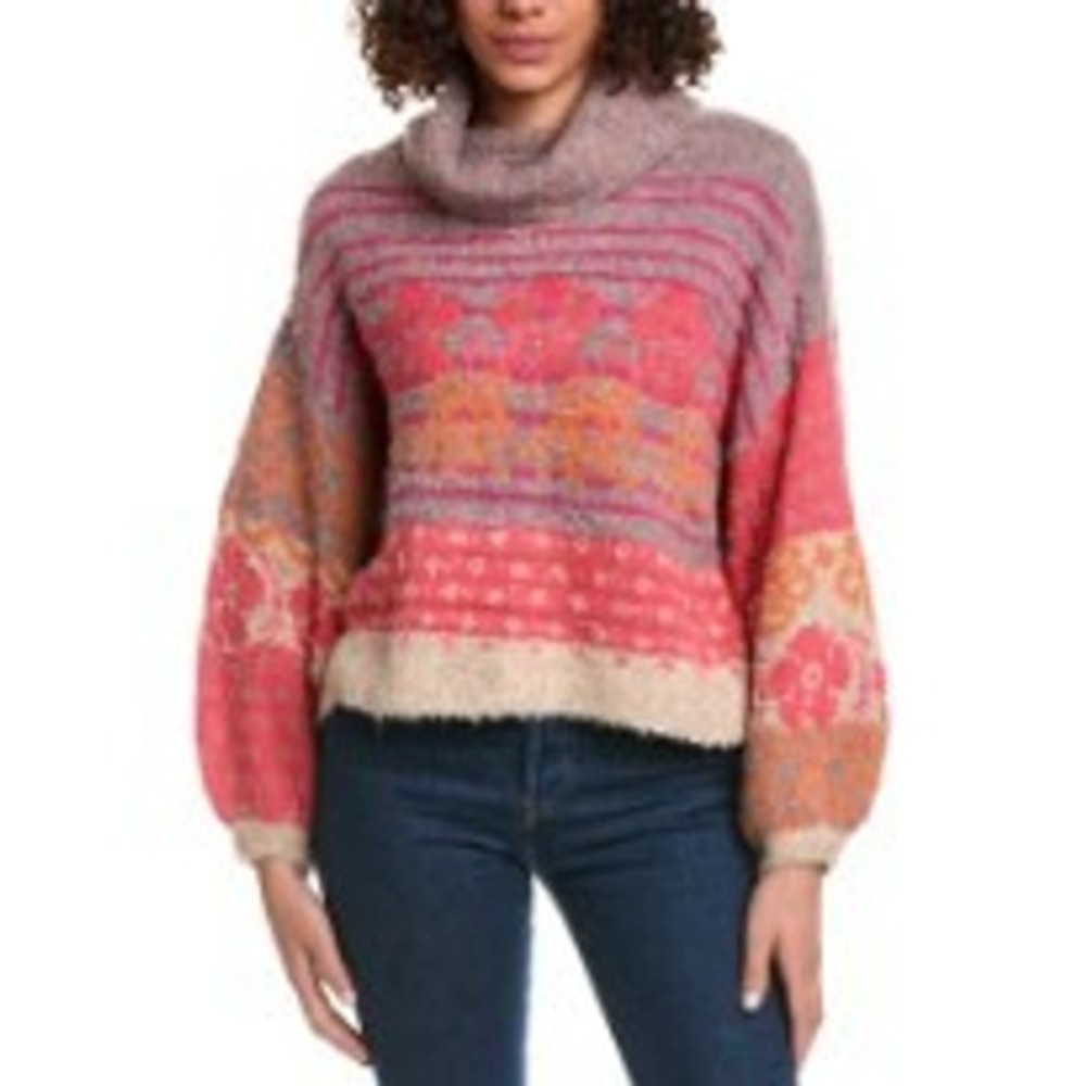 Fate by LFD Womens Cropped Boucle Turtleneck Sweater Pink Floral Intarsia Knit S